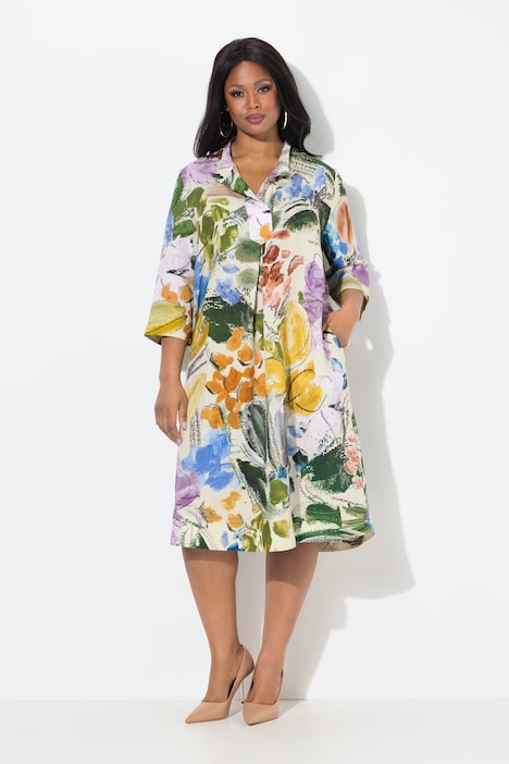 Floral Linen Blend 3/4 Sleeve Dress