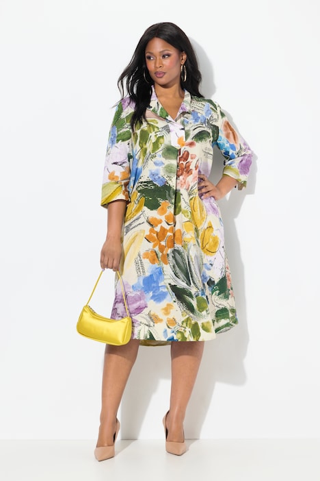 Floral Linen Blend 3/4 Sleeve Dress