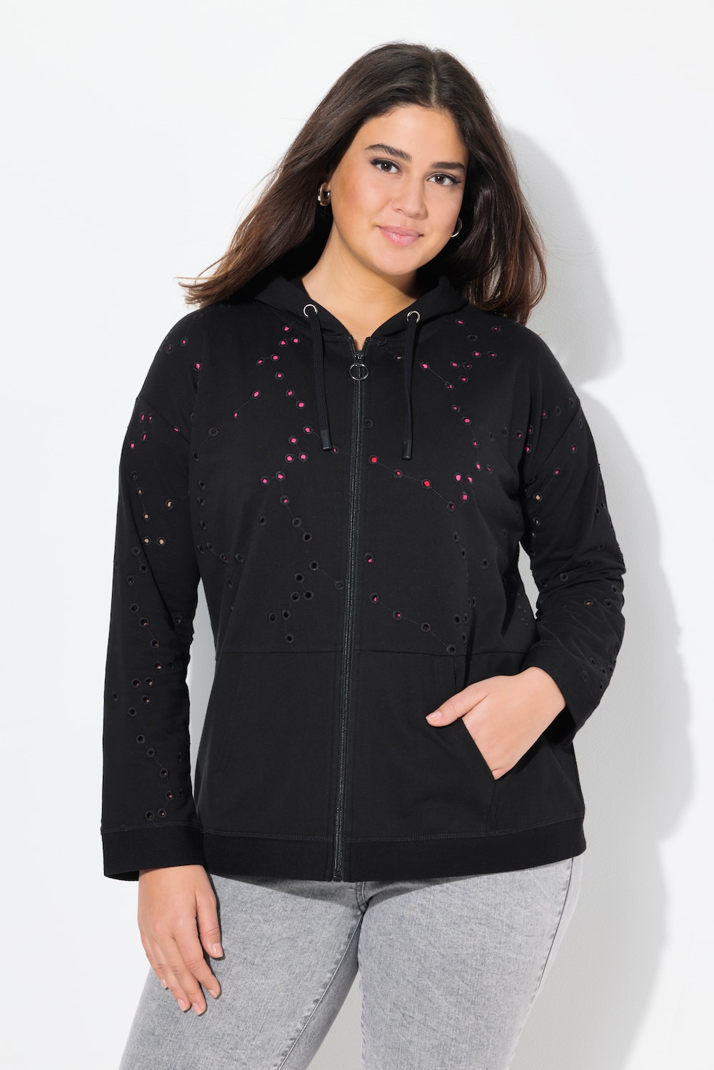 Thumbnail - Große Größen Sweatjacke, Damen, schwarz, Größe: 50/52, Baumwolle/Polyester, Ulla Popken