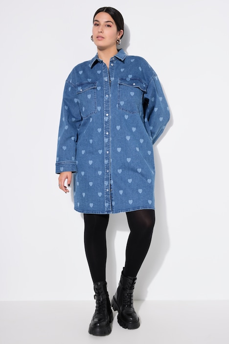 Heart Print Long Sleeve Button Down Denim Shirt