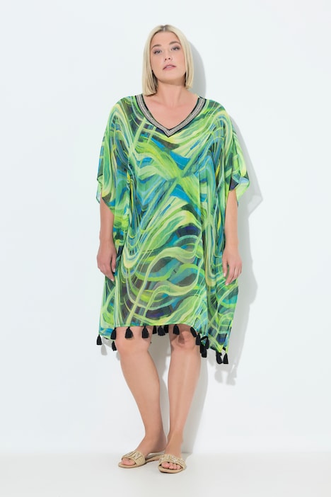 Chiffon-Tunika, Wellen, Oversized, V-Ausschnitt, Halbarm