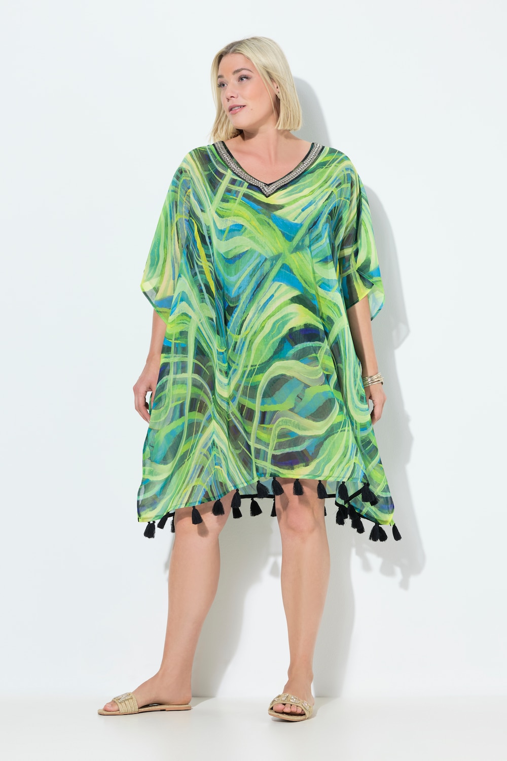 Chiffon-Tunika, Wellen, Oversized, V-Ausschnitt, Halbarm