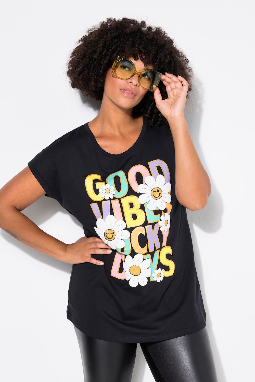 T-shirt, bloemen/statement-motief, halve mouw