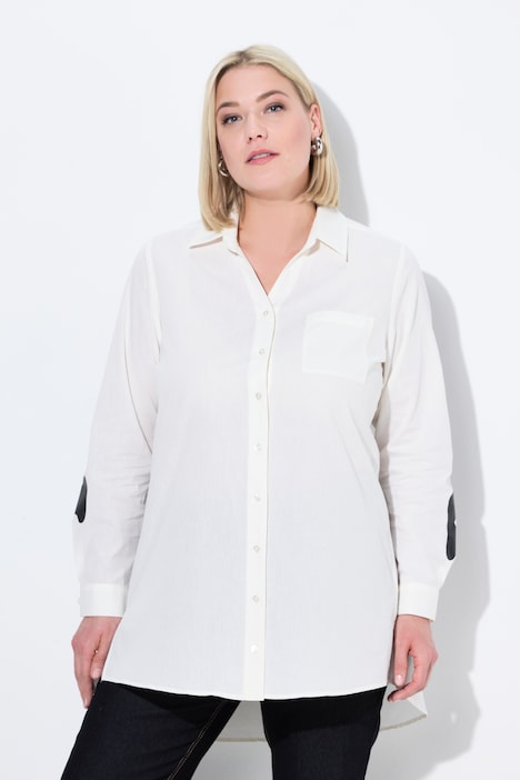 Blusa lunga con scritta stampata sul retro, collo da camicia e maniche lunghe