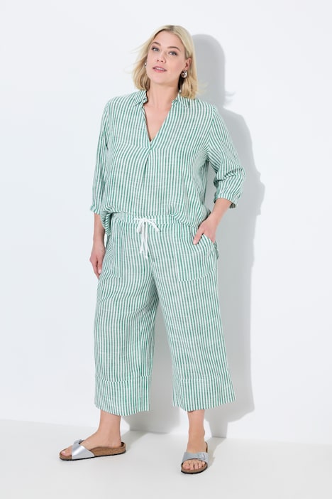 Coastal Stripe Linen Blend Elastic Waist Culottes