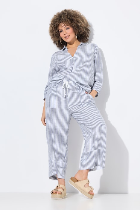 Coastal Stripe Linen Blend Elastic Waist Culottes