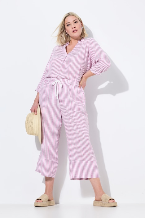 Culottes modello Rose in misto lino con righe, taglio della gamba ampio e cintura elastica