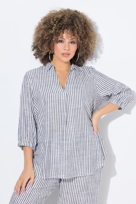 Coastal Striped 3/4 Sleeve Linen Blend Blouse