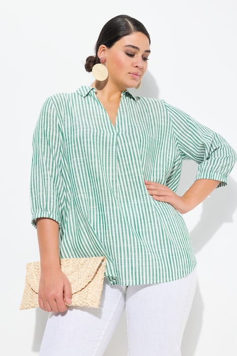 Coastal Striped 3/4 Sleeve Linen Blend Blouse