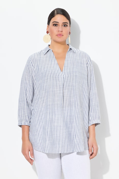 Coastal Striped 3/4 Sleeve Linen Blend Blouse