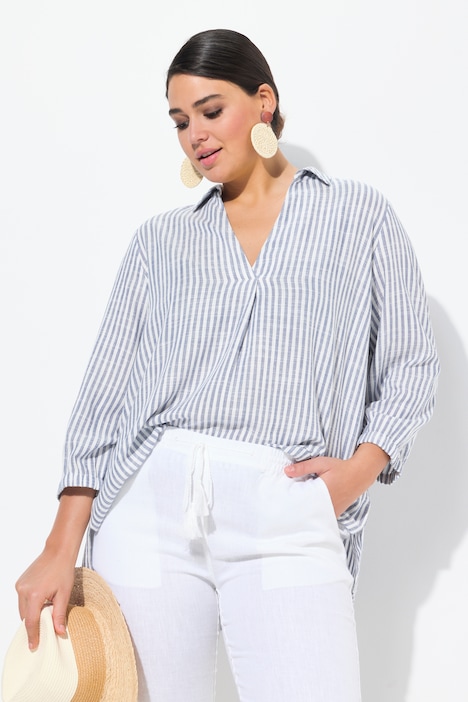 Coastal Striped 3/4 Sleeve Linen Blend Blouse