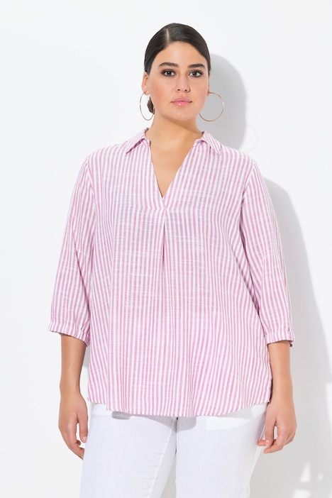 Tunica in misto lino a righe con collo da camicia e maniche a 3/4