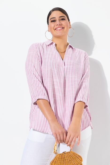 Coastal Striped 3/4 Sleeve Linen Blend Blouse