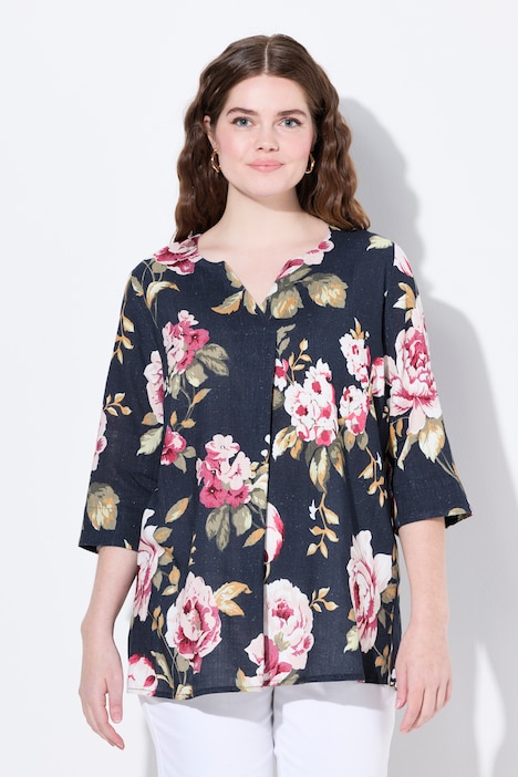 Blouse van een linnenmix, A-lijn, tuniekhals, 3/4-mouwen