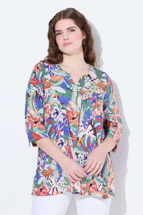 Blouse van een linnenmix, A-lijn, tuniekhals, 3/4-mouwen