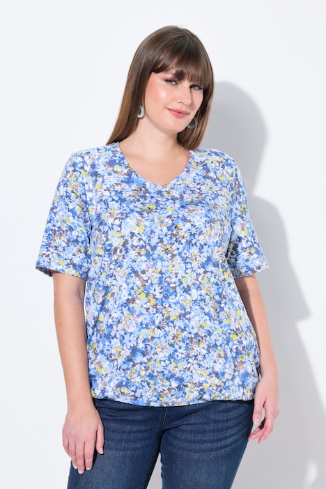 T-shirt con scollo a V, orlo elastico e mezze maniche