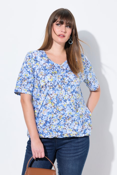 T-shirt con scollo a V, orlo elastico e mezze maniche