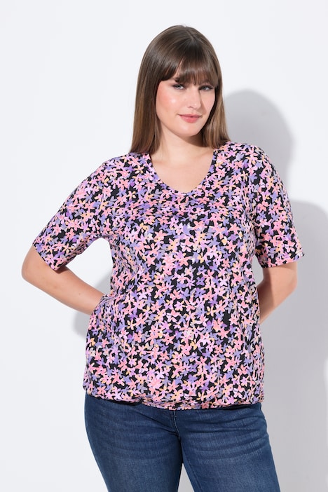 T-shirt con scollo a V, orlo elastico e mezze maniche