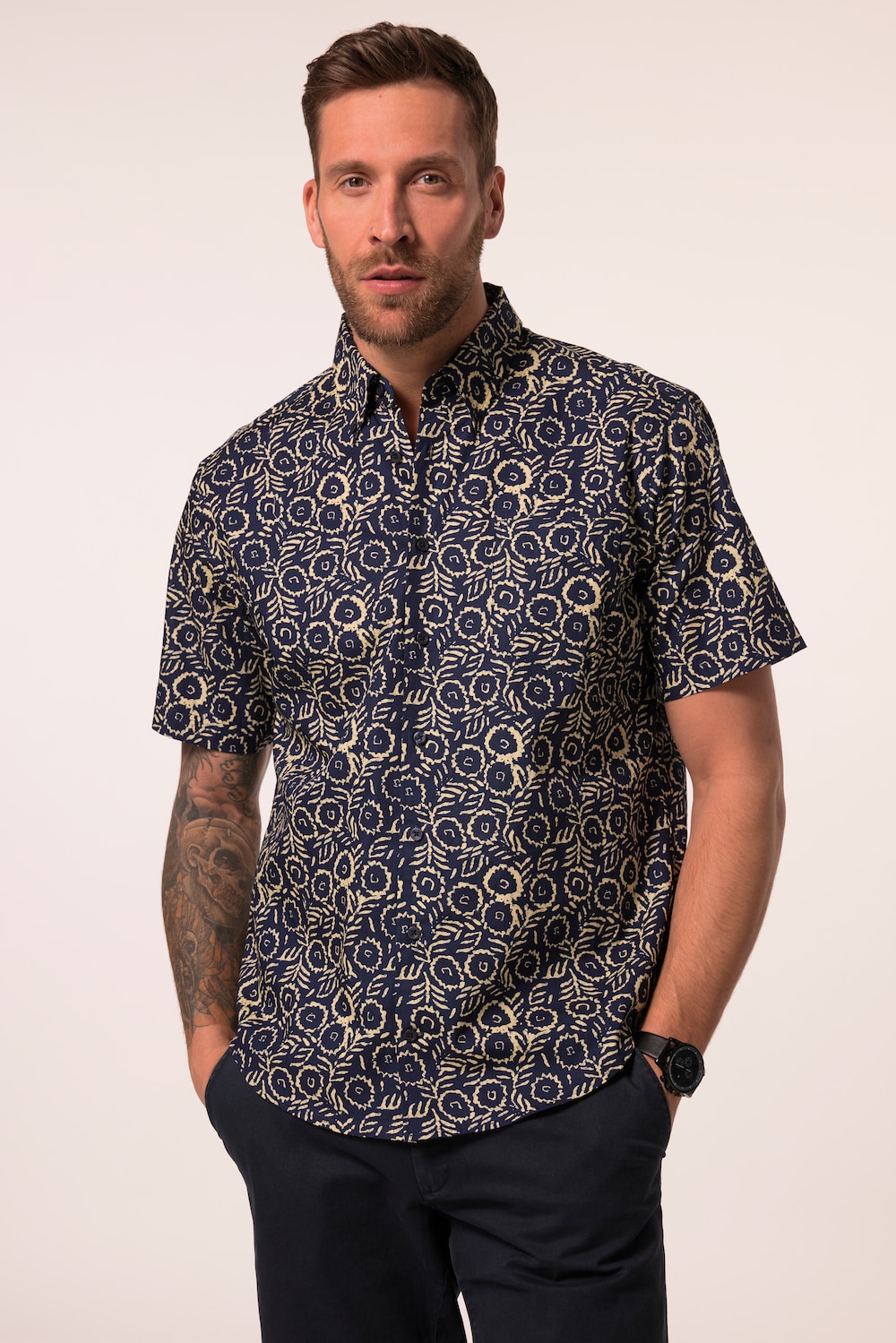 JP1880 overhemd, korte mouwen, all-over print, buttondown-kraag, Modern Fit, tot 8XL