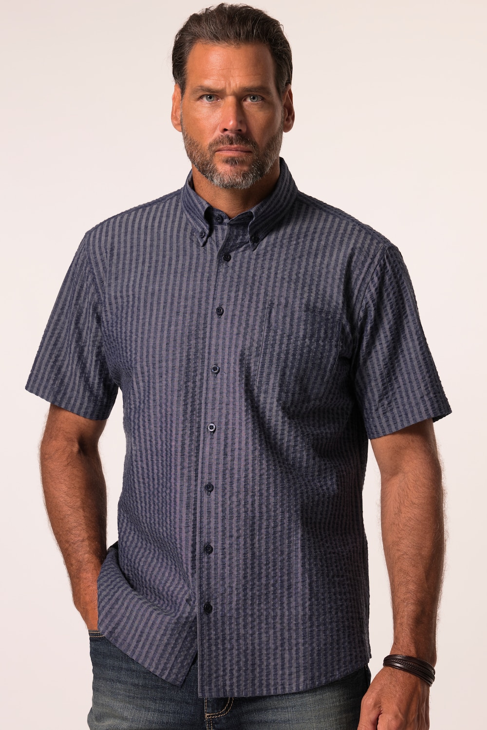 JP1880 gestreept overhemd, halflange mouwen, seersucker, buttondown kraag, modern fit, tot 8XL