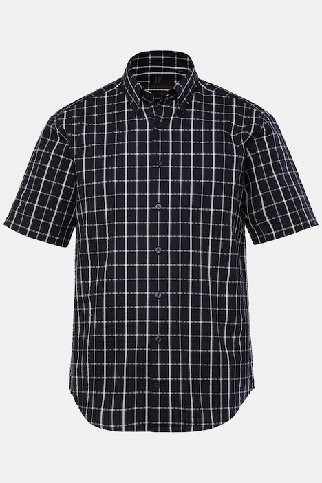 Chemise JP 1880 en tissu seersucker à carreaux, manches courtes et col à pointes boutonnées, coupe Modern Fit - jusqu'au 8 XL