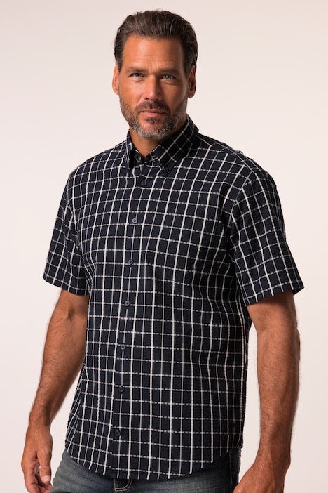 Chemise JP 1880 en tissu seersucker à carreaux, manches courtes et col à pointes boutonnées, coupe Modern Fit - jusqu'au 8 XL