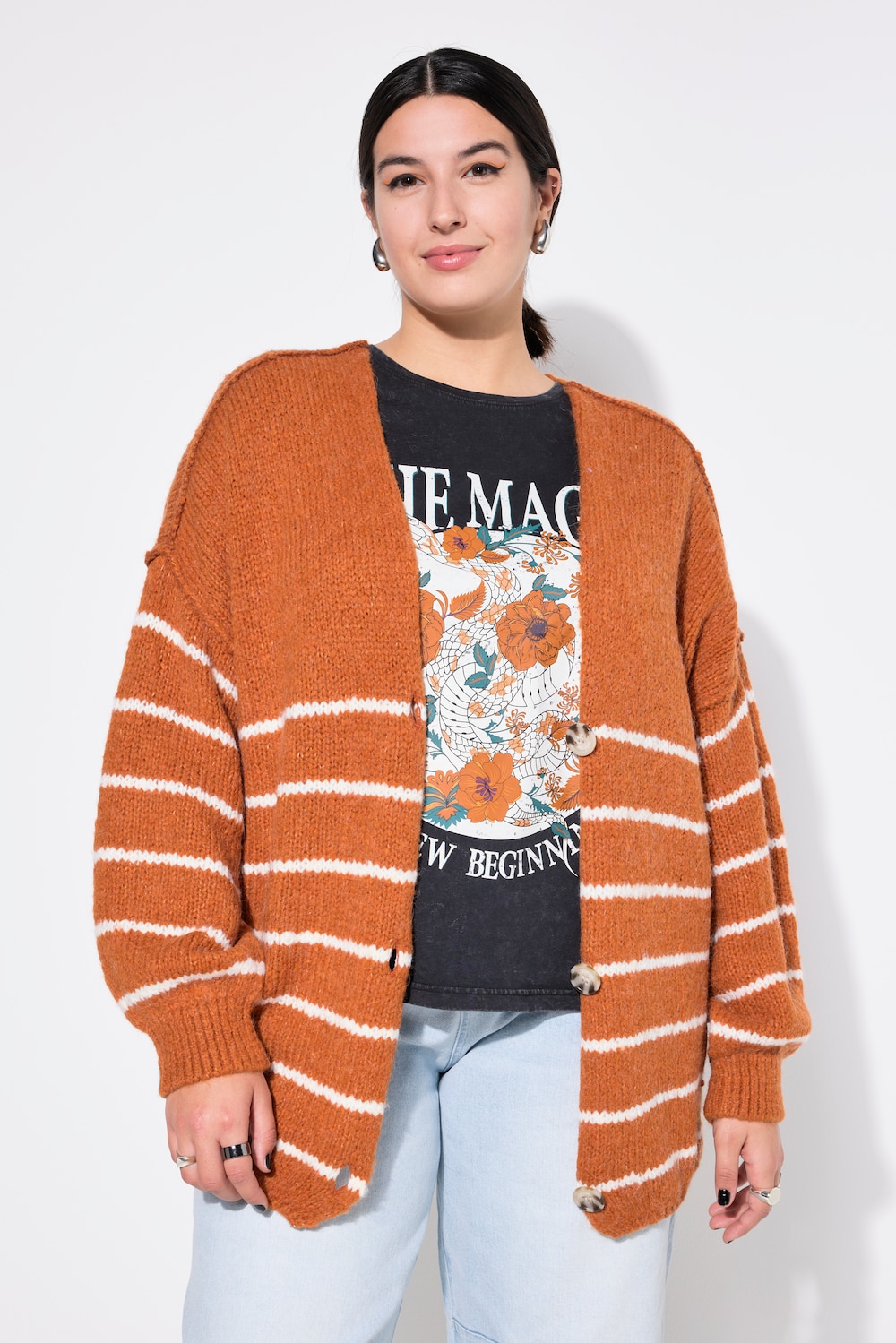 Strickjacke, oversized, Bretonstreifen, Langarm