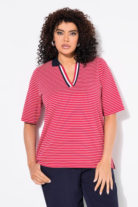 Maglia polo a righe con scollo a V e mezze maniche