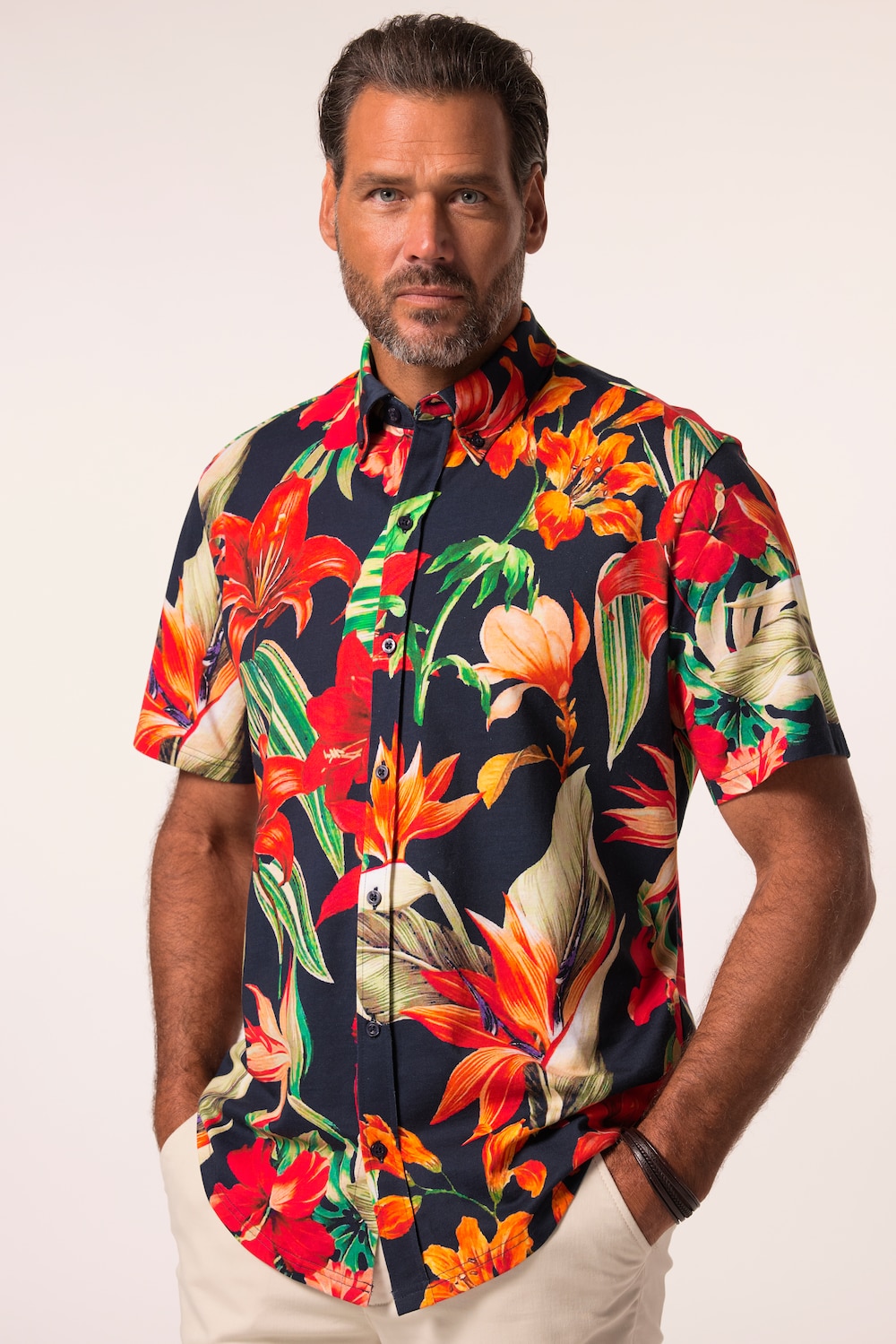 JP 1880 jersey overhemd, halflange mouwen, all-overprint, buttondown-kraag, modern fit, tot 8XL