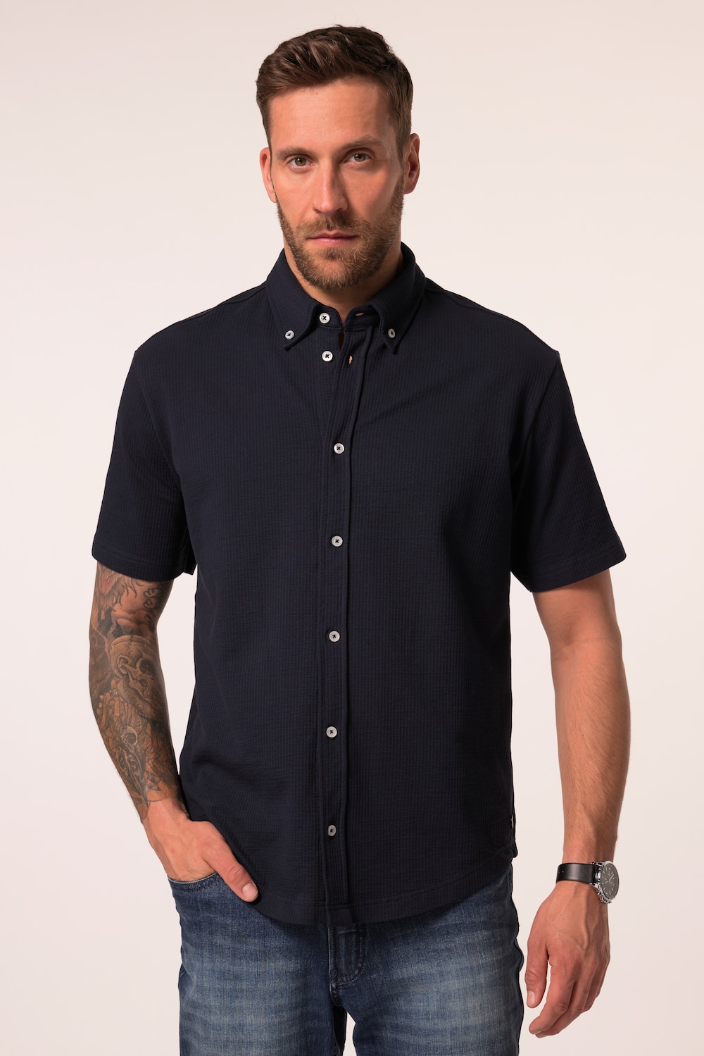 Seersucker overhemd, jersey-kwaliteit, halflange mouwen, buttondown kraag, modern fit