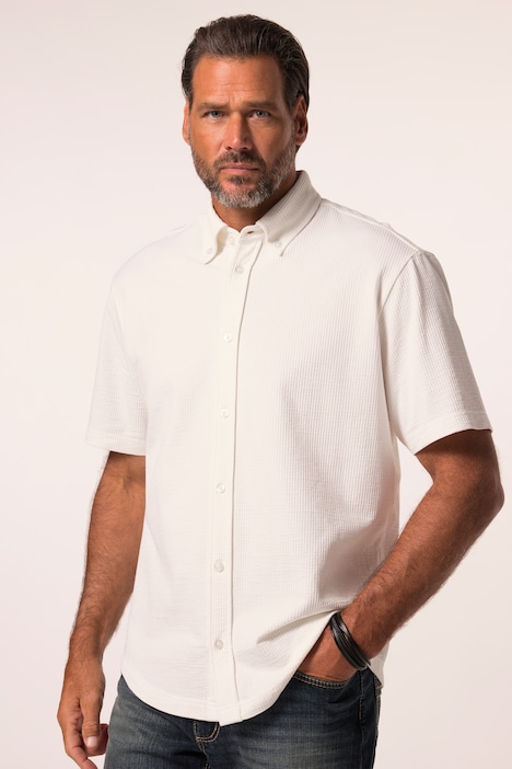 Seersucker shirt, jersey fabric, short sleeve, button-down collar, modern fit