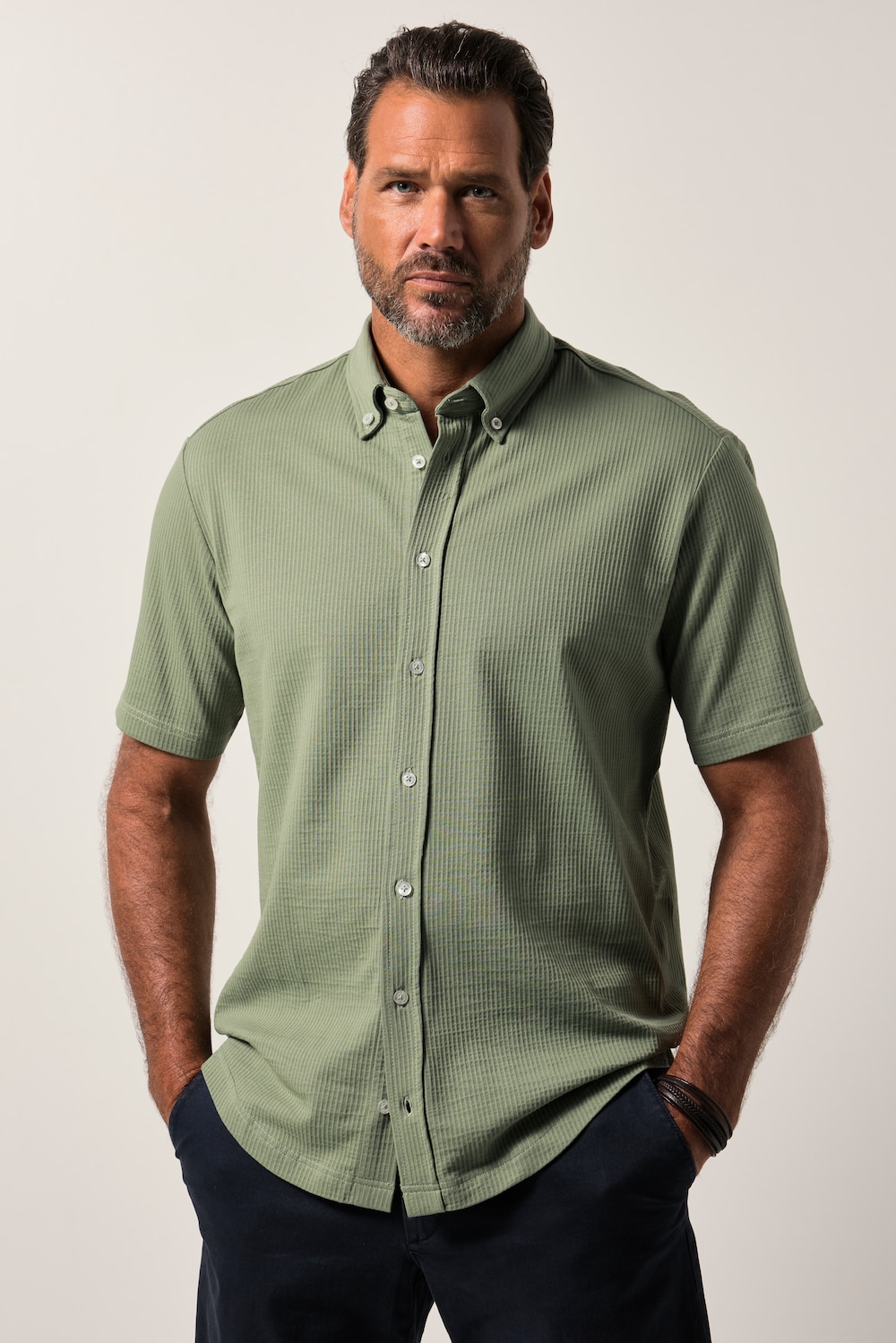 JP1880 Seersucker-Hemd, Jersey-Qualität, Halbarm, Buttondown-Kragen, Modern Fit, bis 8 XL
