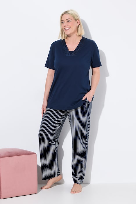 Satin Trim Pinstripe Two Piece Pajama Set