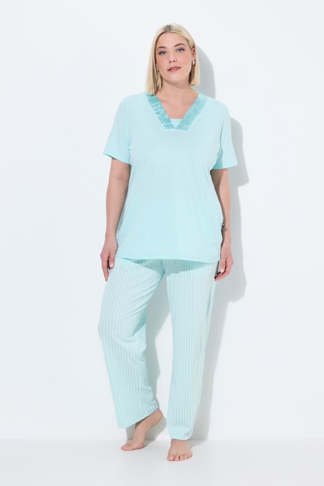 Satin Trim Pinstripe Two Piece Pajama Set