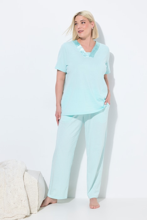 Satin Trim Pinstripe Two Piece Pajama Set