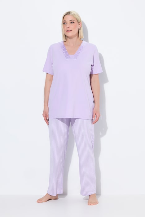 Satin Trim Pinstripe Two Piece Pajama Set