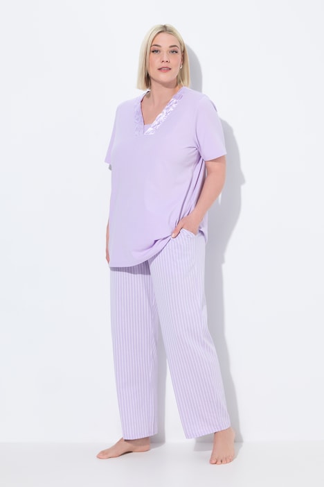 Satin Trim Pinstripe Two Piece Pajama Set