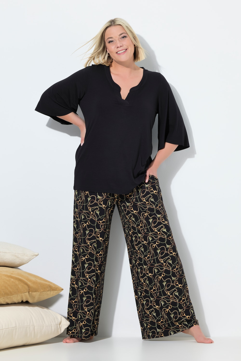 Pyjama, kettingpatroon, tuniekhals, korte mouwen