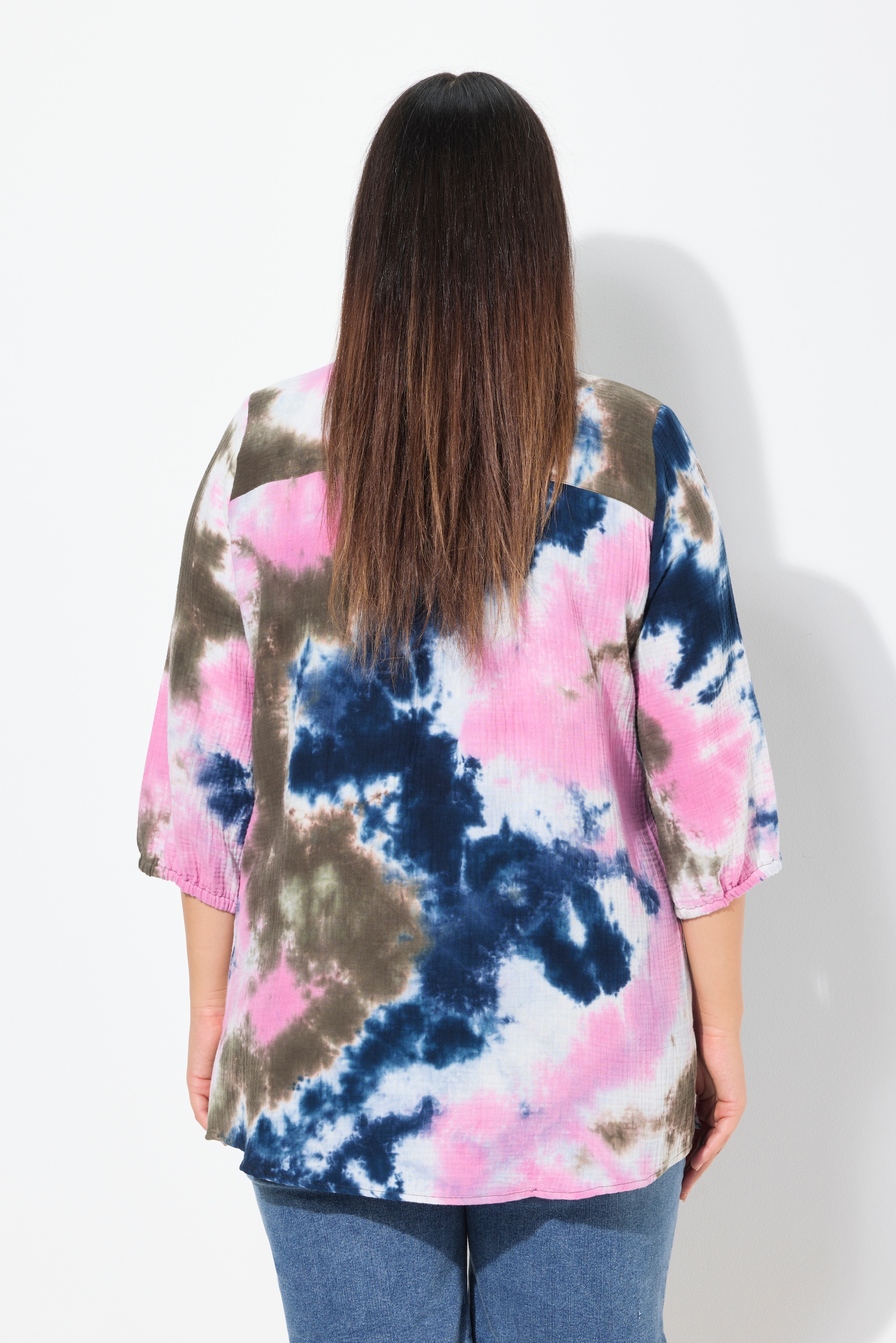 Ulla Popken Damen große Größen Musselin Bluse Batikdruck Hemdkragen