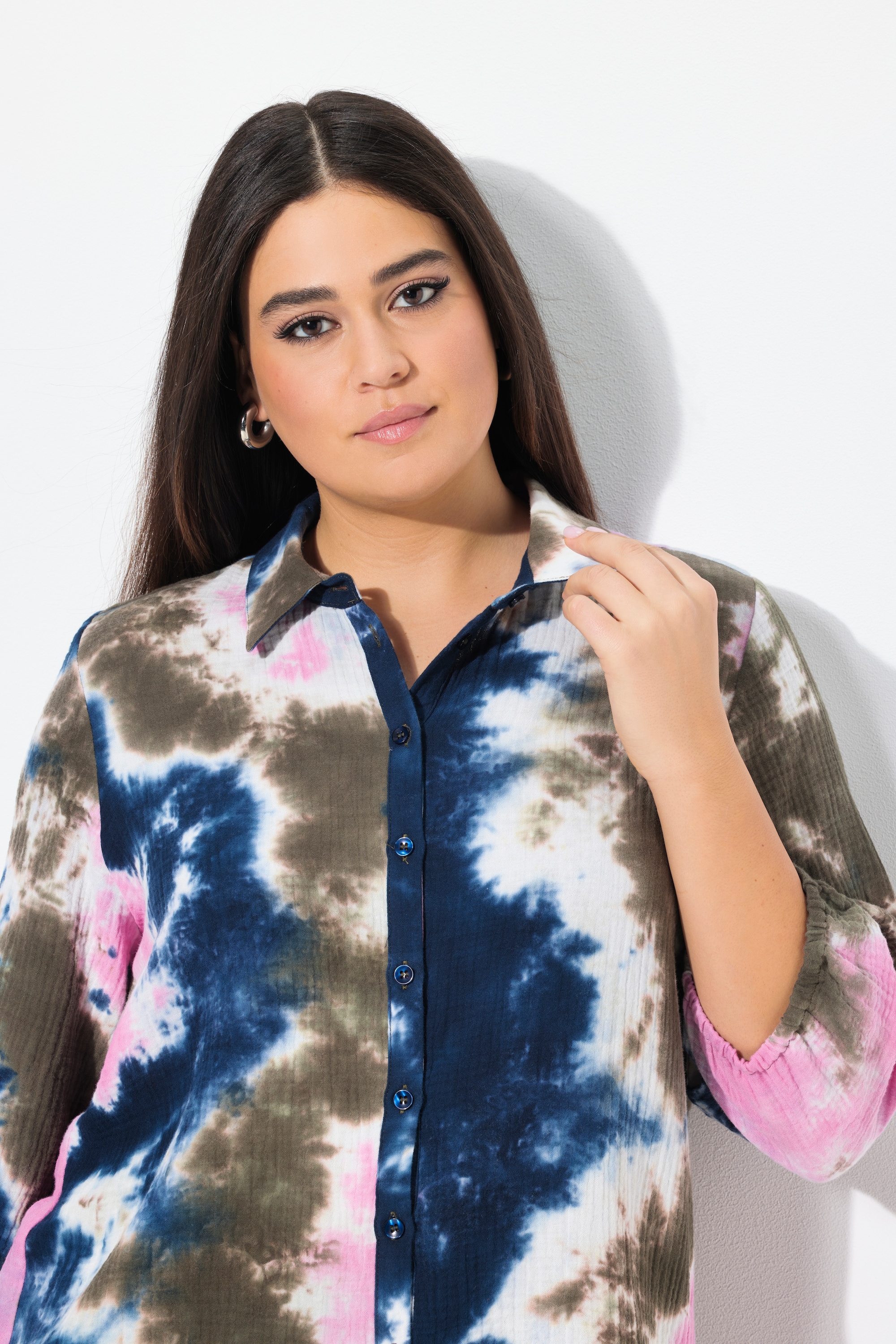 Ulla Popken Damen große Größen Musselin Bluse Batikdruck Hemdkragen