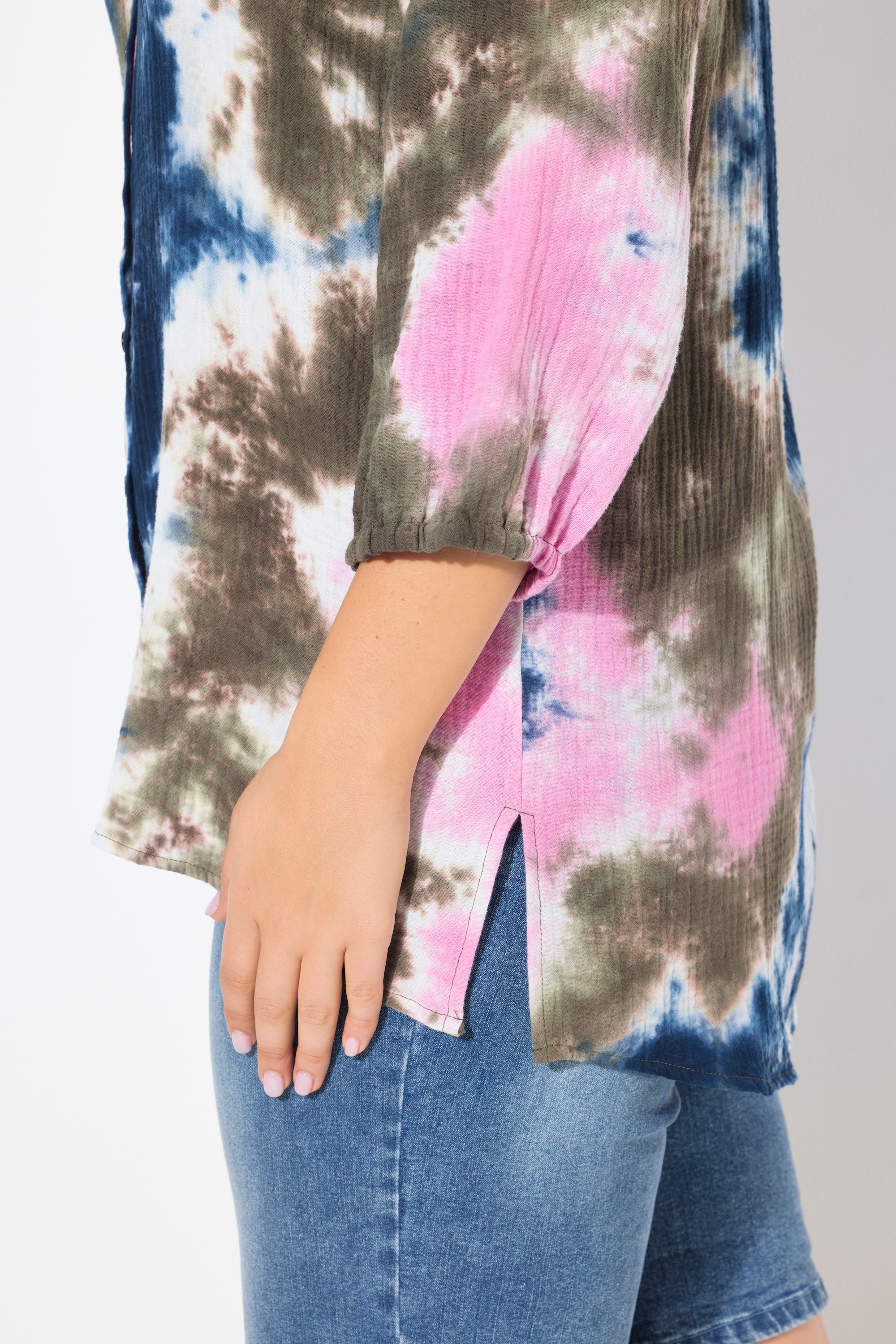 Ulla Popken Damen große Größen Musselin Bluse Batikdruck Hemdkragen
