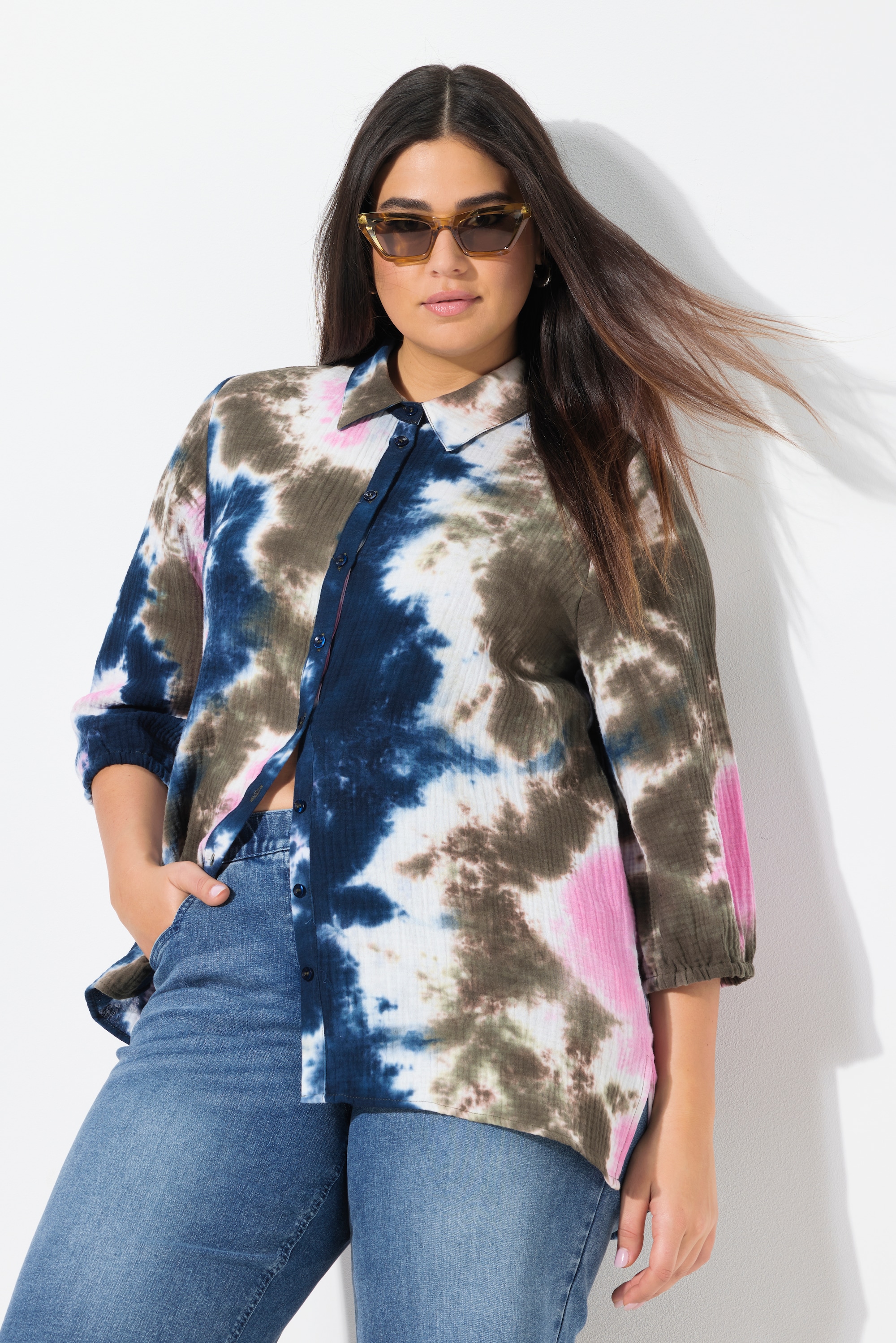 Ulla Popken Damen große Größen Musselin Bluse Batikdruck Hemdkragen