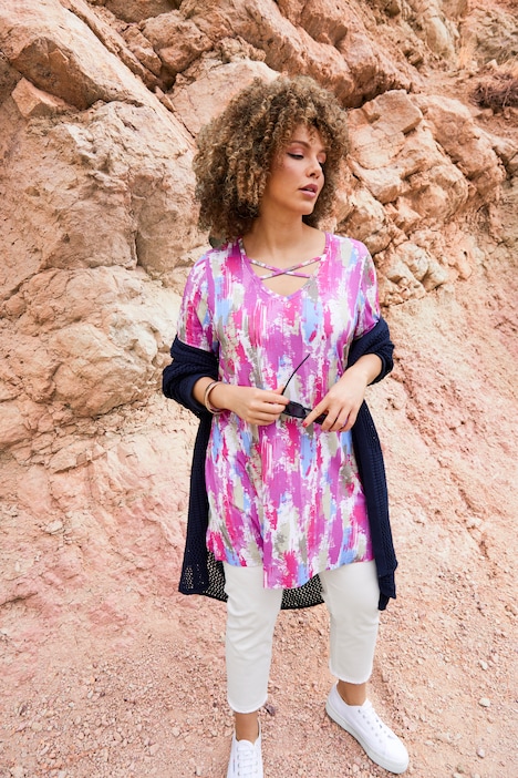 Longshirt, A-lijn, sierbandjes, V-hals, 3/4-mouw