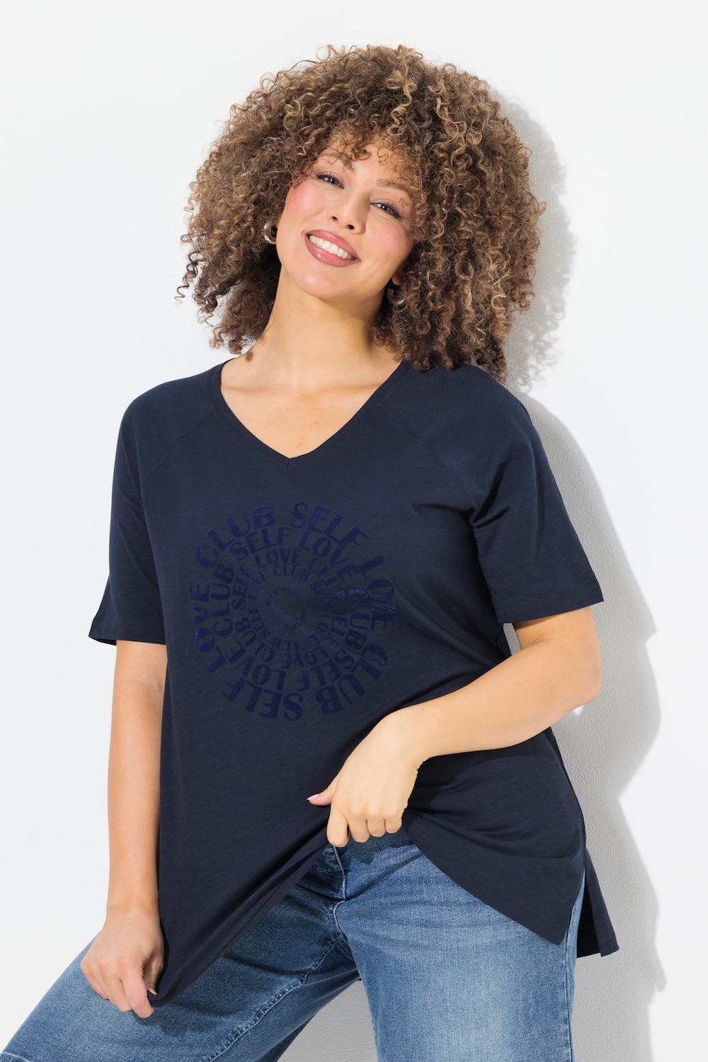 T-Shirt, Flockdruck, V-Ausschnitt, Raglan-Halbarm