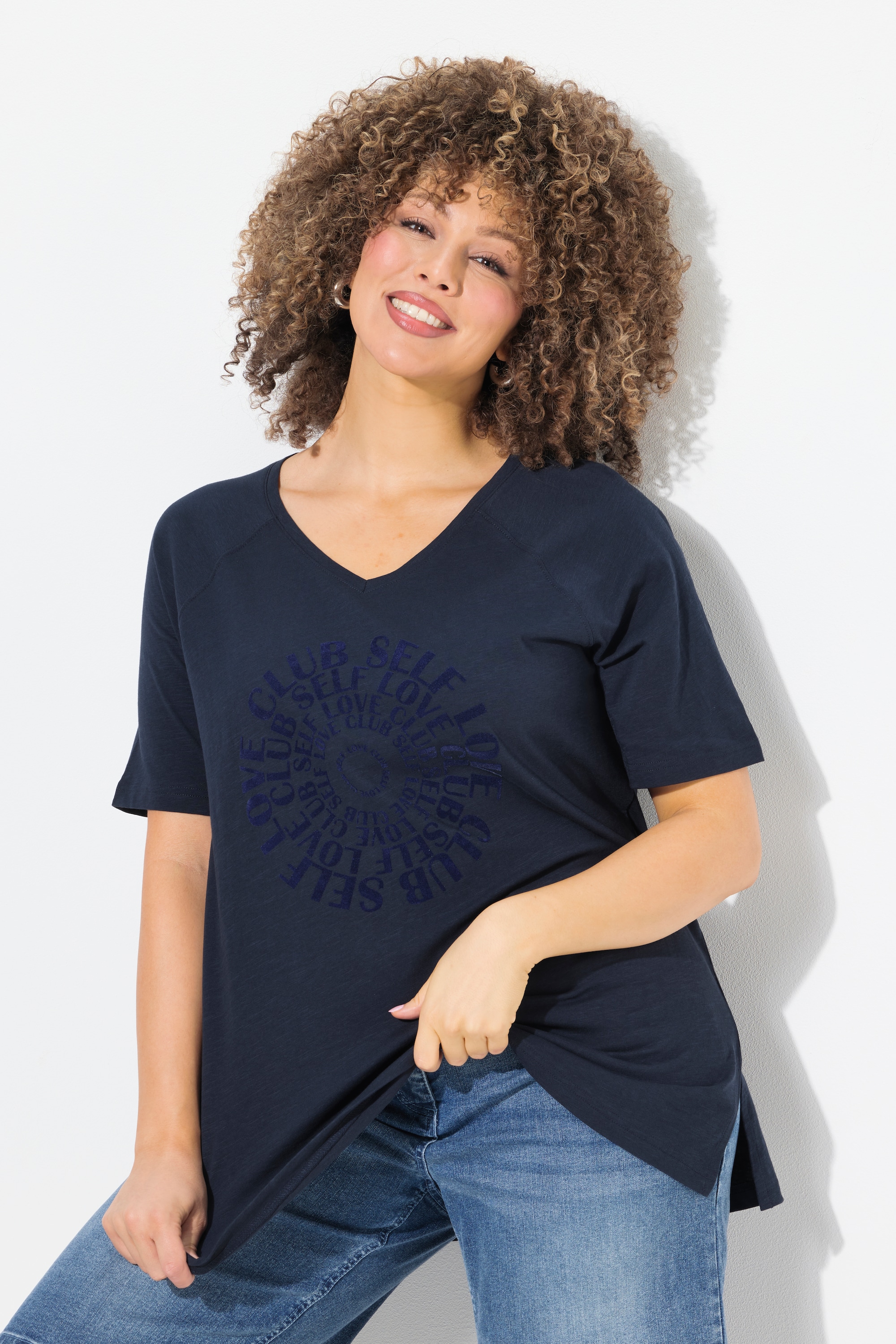 Ulla Popken Damen große Größen T Shirt Flockdruck V Ausschnitt