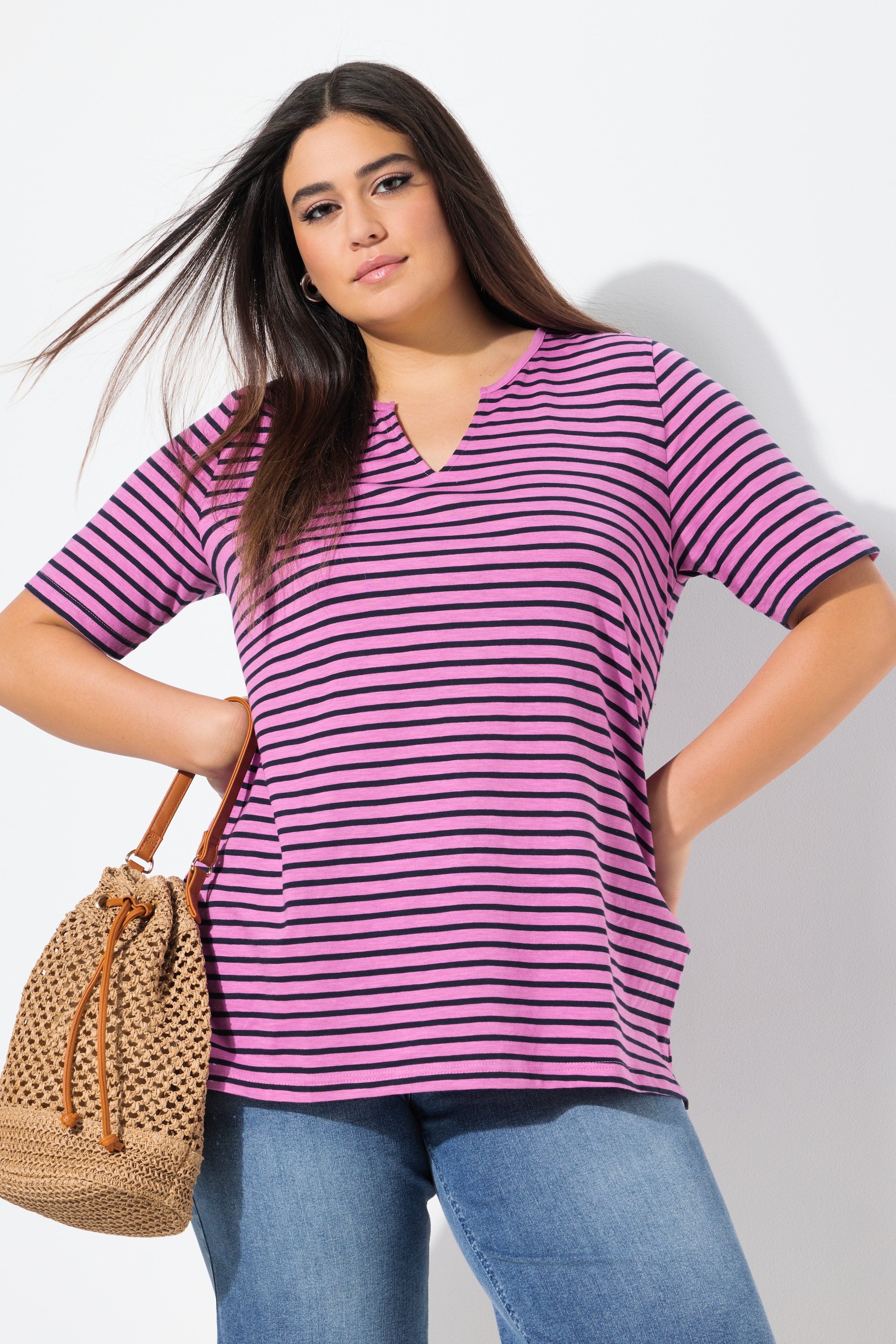 Ulla Popken Damen große Größen Longshirt Ringel A Linie Rundhals Halbarm 837972