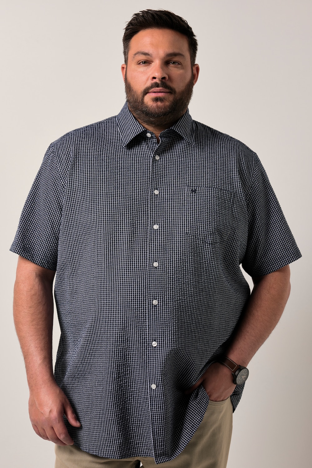Men+ Karohemd, Halbarm, Kentkragen, Seersucker, Comfort Fit, bis 8 XL