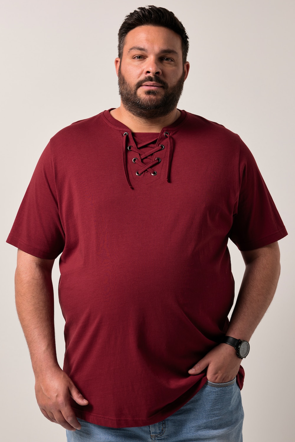 Men+ T-Shirt, Halbarm, Rundhals mit Schnürung, bis 8 XL