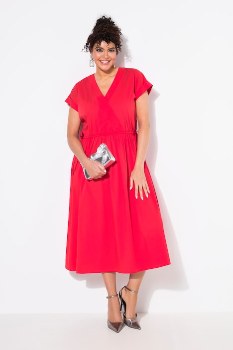 Cap Sleeve Wrap Look Poplin Dress