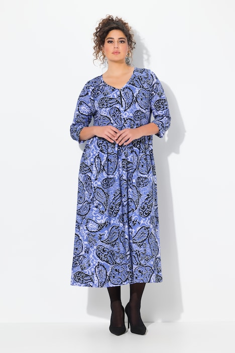 Paisley Zip Front 3/4 Sleeve Empire Knit Dress